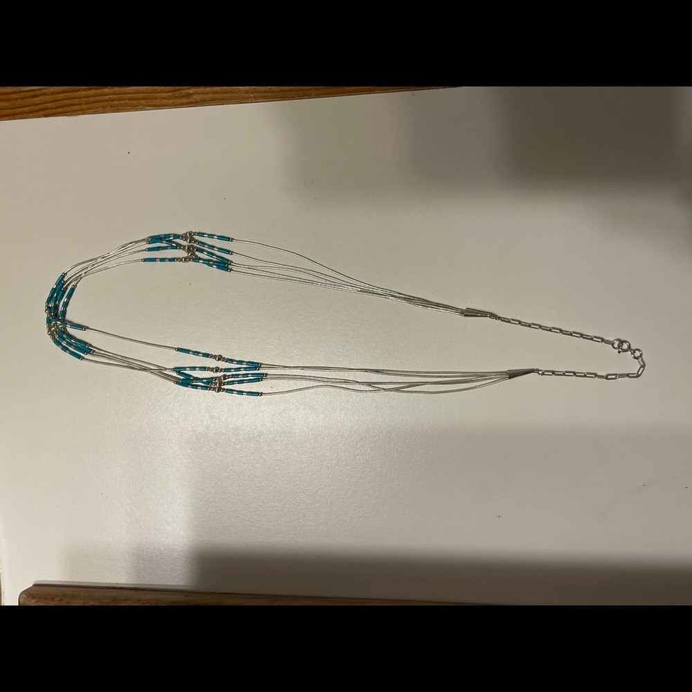 Liquid silver and turquoise multi-strand necklace - Picture 3 of 6